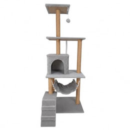 BEGRYF Kratzbaum für Katzen mit Höhle, Hängematte und Treppe, 137 cm, Grau aus Plüsch und Sisal – Bild 1 von 5