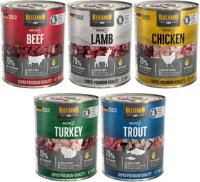 Produktbild von Belcando Baseline Hundefutter Geschmacksmix Forelle Pute Huhn Lamm Rind 5x800g