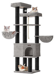 BellaFurn Großer Kratzbaum für Katzen in Grau/Schwarz 55 x 55 x 186,7 cm aus Plüsch und Sisal – Bild 1 von 4