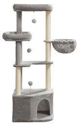 BellaFurn Katzenkratzbaum mit Plüschbällen in Grau aus Holzspanplatte, Plüsch und Sisal, 48,5 x 48,5 x 140,7 cm – Bild 1 von 2