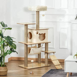 BellaFurn Katzenkratzbaum mit Spielhaus und Hängematte Gelb 40x60x130 cm – Bild 1 von 1