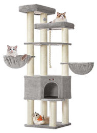 BellaFurn Kratzbaum für Großkatzen mit Spielhaus und Kletterturm in Grau-Weiß 55 x 55 x 186,7 cm – Bild 1 von 2