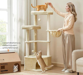 BellaFurn Kratzbaum für Katzen mit Höhle und Spielflächen in Braun und Beige aus Plüsch und Sisal 48,5 x 48,5 x 140,7 cm – Bild 1 von 1