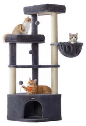BellaFurn Kratzbaum für Katzen mit Katzenhaus und 3 Spielbereichen aus Sisal und Plüsch in Grau, 48,5 x 48,5 x 140,7 cm – Bild 1 von 4