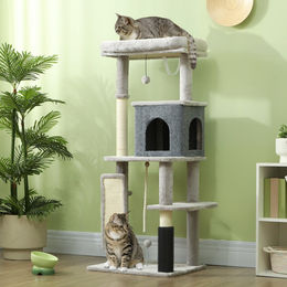 BellaFurn Kratzbaum für Katzen mit Katzenhaus und Liege in Grau, 44x55x132 cm – Bild 1 von 2