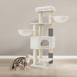 BellaFurn Kratzbaum für Katzen mit Plattformen in Beige und Creme aus Plüsch und Sisal 50x50x160 cm – Bild 1 von 1