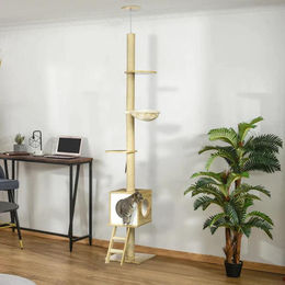 BellaFurn Kratzbaum mit Deckenspanner und Katzenhaus in Beige – Bild 1 von 3