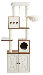 BellaFurn Kratzbaum mit integriertem Katzentoilettenmöbel in Braun-Weiß aus Holzspanplatte, Plüsch und Sisal 61x100x178 cm – Bild 1 von 2