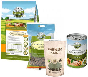 Bellfor Hunde Futter Set mit Huhn Trockenfutter Nassfutter Soft Snacks und Haut & Fell Pulver getreidefrei und glutenfrei für adulte Hunde – Bild 1 von 8