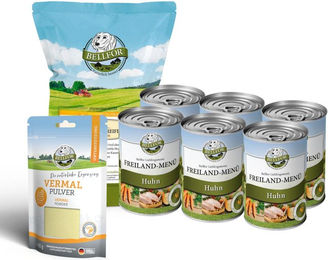 Bellfor Magen-Darm Unterstützung Set für Hunde mit Nassfutter Huhn, Vermal Pulver und Hühnertrockenfleisch getreidefrei und sensitive - 6 x 400 g – Bild 1 von 4