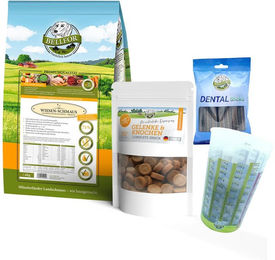 Bellfor Neufundländer Futter Set für Riesenrassen mit getreidefreiem kaltgepresstem Trockenfutter Huhn 4 kg sowie Gelenke & Knochen Complete-Snack 150 g und Dental Sticks 100 g – Bild 1 von 8