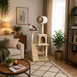 belviona Katzenkratzbaum mit Höhle, Hängematte, Treppe und Liegeplattform, 133 cm, Beige – Bild 1 von 2