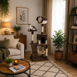 belviona Katzenkratzbaum mit Höhle, Hängematte, Treppe und Liegeplattform, 133 cm, braun/beige – Bild 1 von 3