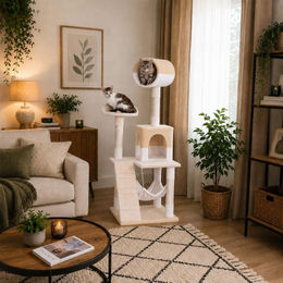 belviona Katzenkratzbaum mit Höhle, Hängematte, Treppe und Liegeplattform in Beige/Weiß, 133 cm – Bild 1 von 2