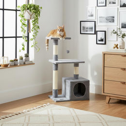 belviona Katzenkratzbaum mit Höhle und Spielball aus Plüsch und Sisal in Grau 85 cm mit Wandhalterung – Bild 1 von 1