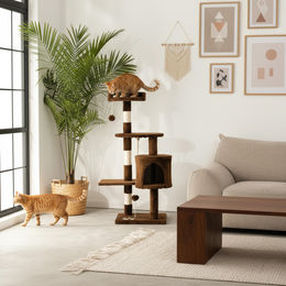 belviona Katzenkratzbaum mit Kuschelhöhle und Spielbällen aus Sisal und Plüsch, 112 cm, Braun – Bild 1 von 1