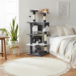 belviona Kratzbaum für Katzen mit Höhle und Spielbällen, 130 cm hoch, Grau/Weiß – Bild 1 von 3