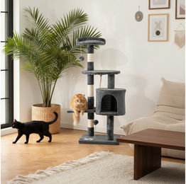 belviona Kratzbaum kompakt 112 cm Grau mit Kuschelhöhle und Spielbällen aus Sisal und Plüsch für Katzen – Bild 1 von 4