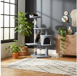 belviona Kratzbaum kompakt 112 cm Grau mit Kuschelhöhle und Spielbällen aus Sisal und Plüsch für Katzen – Bild 1 von 3