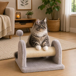belviona Kratzbrett für Katzen mit Sisal-Kratzstamm und Plüschball, kompakt und hellgrau – Bild 1 von 3