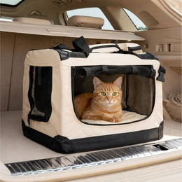 belviona Tiertransporttasche für Katzen beige faltbar mit Mesh-Fenstern und Innenkissen 50x34x36 cm aus Oxford-Gewebe bis 10 kg – Bild 1 von 5