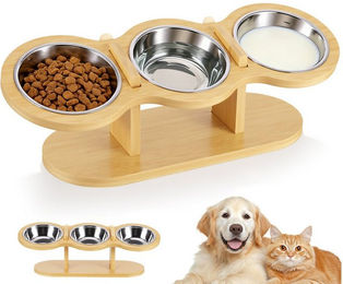 BlingBin Erhöhter Katzennapf mit 3 Edelstahl Schüsseln, Ergonomische Futterstation für Katzen, Höhenverstellbar, Silber – Bild 1 von 1