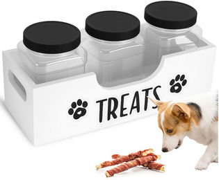 BlingBin Futterbehälter und Aufbewahrungsbox für Hund und Katze aus Holz und ABS mit 3 Dosen in Weiß, 32x12,5x10cm – Bild 1 von 3