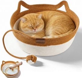 BlingBin Handgewebtes Katzenbett aus Baumwollseil mit Spielzeugschwanz und Kissen, faltbares Rundbett für Katzen und kleine Hunde – Bild 1 von 5