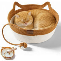 Produktbild von BlingBin Handgewebtes Katzenbett aus Baumwollseil mit Spielzeugschwanz und Kissen, faltbares Rundbett für Katzen und kleine Hunde