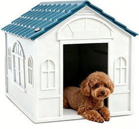 BlingBin Hundehütte mit Satteldach aus Kunststoff wetterfest für mittlere Hunde Adult Blau Weiß – Bild 1 von 2