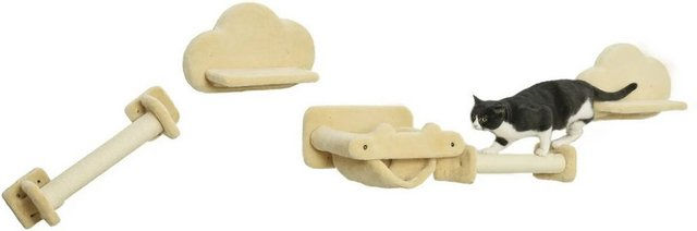 Produktbild von BlingBin Katzen-Kletterwand 5er Set mit Kratzstämmen aus Sisal und Plattformen in Beige zur Wandmontage