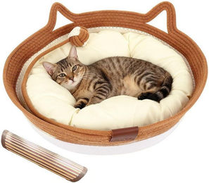 BlingBin Katzenbett aus Baumwollseil mit Kissen, Kratzmatte und Spielzeugschwanz, handgeflochtener Katzenkorb für erwachsene Katzen, waschbar – Bild 1 von 3