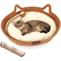Produktbild von BlingBin Katzenbett aus Baumwollseil mit Kissen, Kratzmatte und Spielzeugschwanz, handgeflochtener Katzenkorb für erwachsene Katzen, waschbar