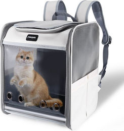 BlingBin Tiertransporttasche Katzenrucksack mit atmungsaktivem Netz für Katzen und Kitten bis 7,5 kg in Grau-Weiß aus Polyester – Bild 1 von 5