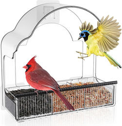 Blinkit Acryl Vogelfutterspender für die Fensterbefestigung mit Saugnäpfen und Regenschutz in Transparent mit Schwarz Weiß und Grau – Bild 1 von 1