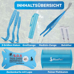 BluePet Zeckenentferner Set 10-teilig mit Zeckenhaken, Zeckenzange, Zeckenpinzette und Zeckenhebel zur Entfernung von Zecken und Flöhen – Bild 1 von 3
