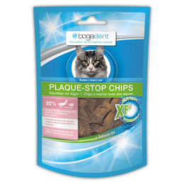 Produktbild von bogadent PLAQUE-STOP CHIPS FISH Dentalsnack zur Zahnpflege für Katzen 4x50g