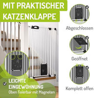 Produktbild von Bomi Tierschutzgitter Merle Treppenschutzgitter aus Metall in Weiß mit Katzenklappe für Hunde und Katzen XL Breite 73-143 cm