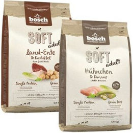 Produktbild von Bosch Soft Mixpaket Geflügel Huhn und Ente getreidefrei monoprotein sensitive weiche Kroketten für adulte Hunde 2x2,5kg - 2 x 2,5 kg
