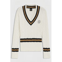 Produktbild von BOSS Equestrian Paula Strickpullover mit Zopfmuster aus Baumwolle für Damen in Beige und Weiß