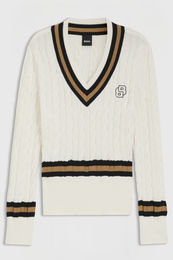 BOSS Equestrian Paula Strickpullover mit Zopfmuster für Damen aus Baumwolle in Beige und Weiß – Bild 1 von 4