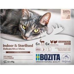 Produktbild von Bozita Cat PB Indoor & Sterilised Katzen Nassfutter Stückchen in Sauce für Wohnungskatzen zur Gewichtskontrolle 12x85g
