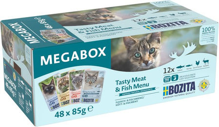 Produktbild von Bozita Hundefutter Stückchen in Sauce Mix 48 x 85 g Getreidefrei Adult Rentier Huhn Lachs Hering