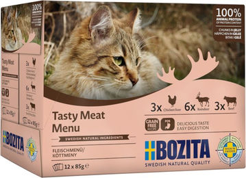 Bozita Katzen Nassfutter Adult Stückchen in Gelee Fleisch-Menü Mix Huhn Rentier Rind 12 x 85 g - 12 x 85 g – Bild 1 von 6
