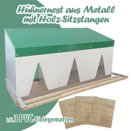 Produktbild von Breker Legenest für Hühner aus Metall mit Holz-Sitzstange und 3 Abteilungen sowie PVC-Einlegern in Grün