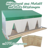 Produktbild von Breker Legenest für Hühner aus Metall mit Holz-Sitzstange und 3 Abteilungen sowie PVC-Einlegern in Grün