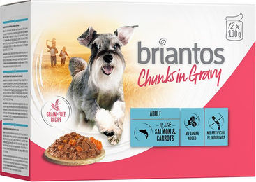Produktbild von Briantos Chunks in Gravy Lachs und Karotten Stückchen in Sauce Getreidefrei Adult 48 x 100 g