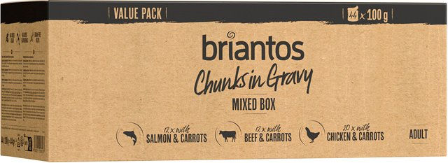 Briantos Chunks in Gravy Mixpaket für Hunde Adult Huhn Rind Lachs Getreidefrei 44 x 100 g – Bild 1 von 1