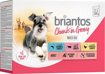 Produktbild von Briantos Chunks in Gravy Mixpaket Huhn Rind Lachs Getreidefrei Adult 48 x 100 g - 48 x 100 g