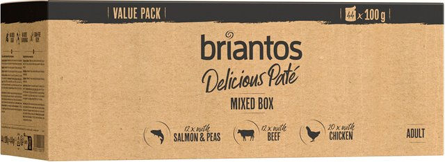 Produktbild von Briantos Delicious Paté Mixpaket für erwachsene Hunde Huhn Rind Lachs getreidefrei 44 x 100 g - 44 x 100 g